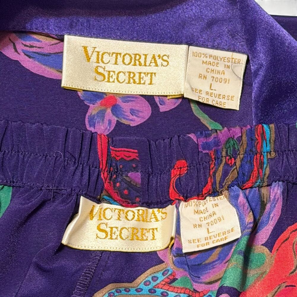 Vintage 80s Victoria’s Secret Purple Satin Pajama Lounge Set Sz L Paisley Floral - Picture 3 of 6